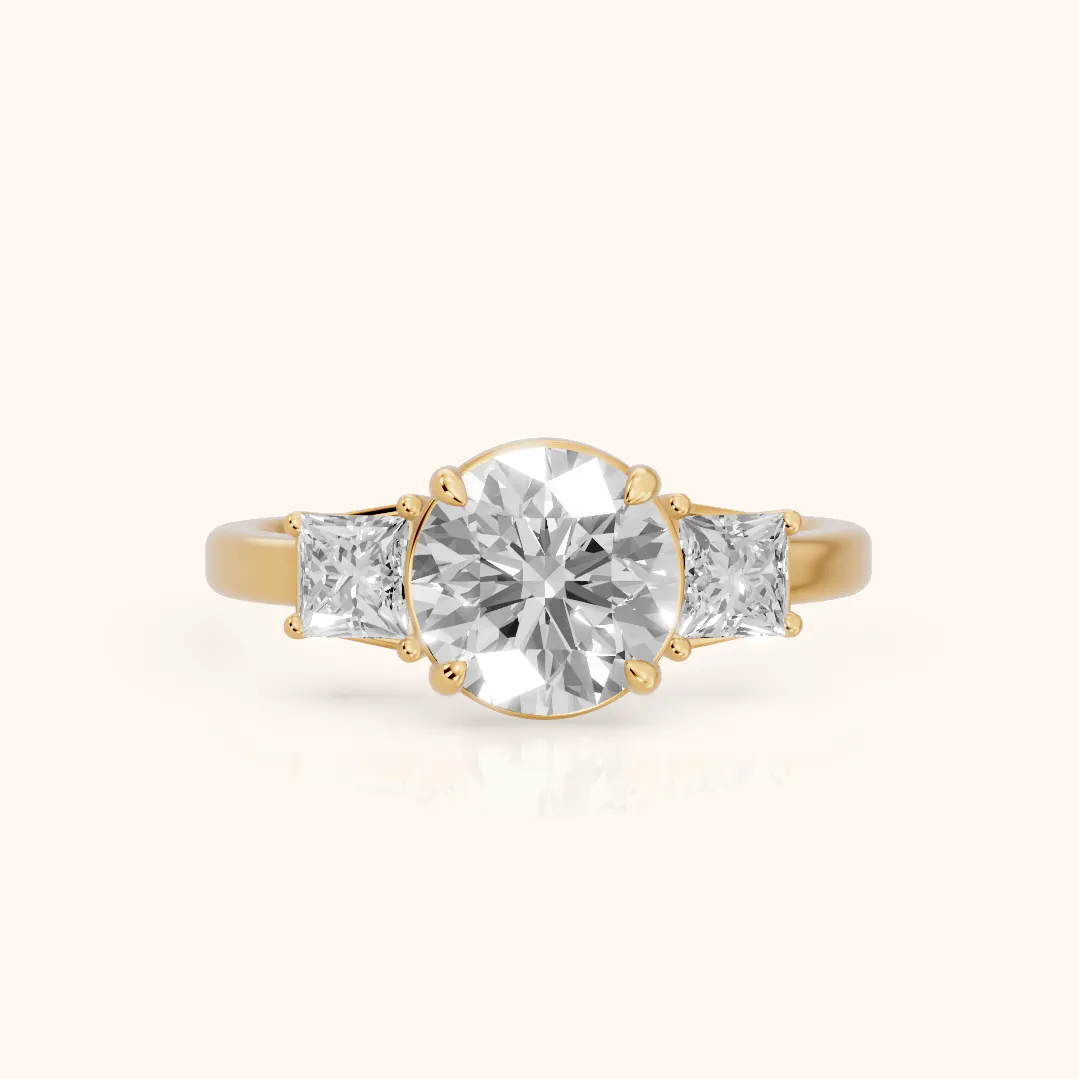 Selena Three-Stone Basket Round Diamond Ring in Yellow Gold — view 2