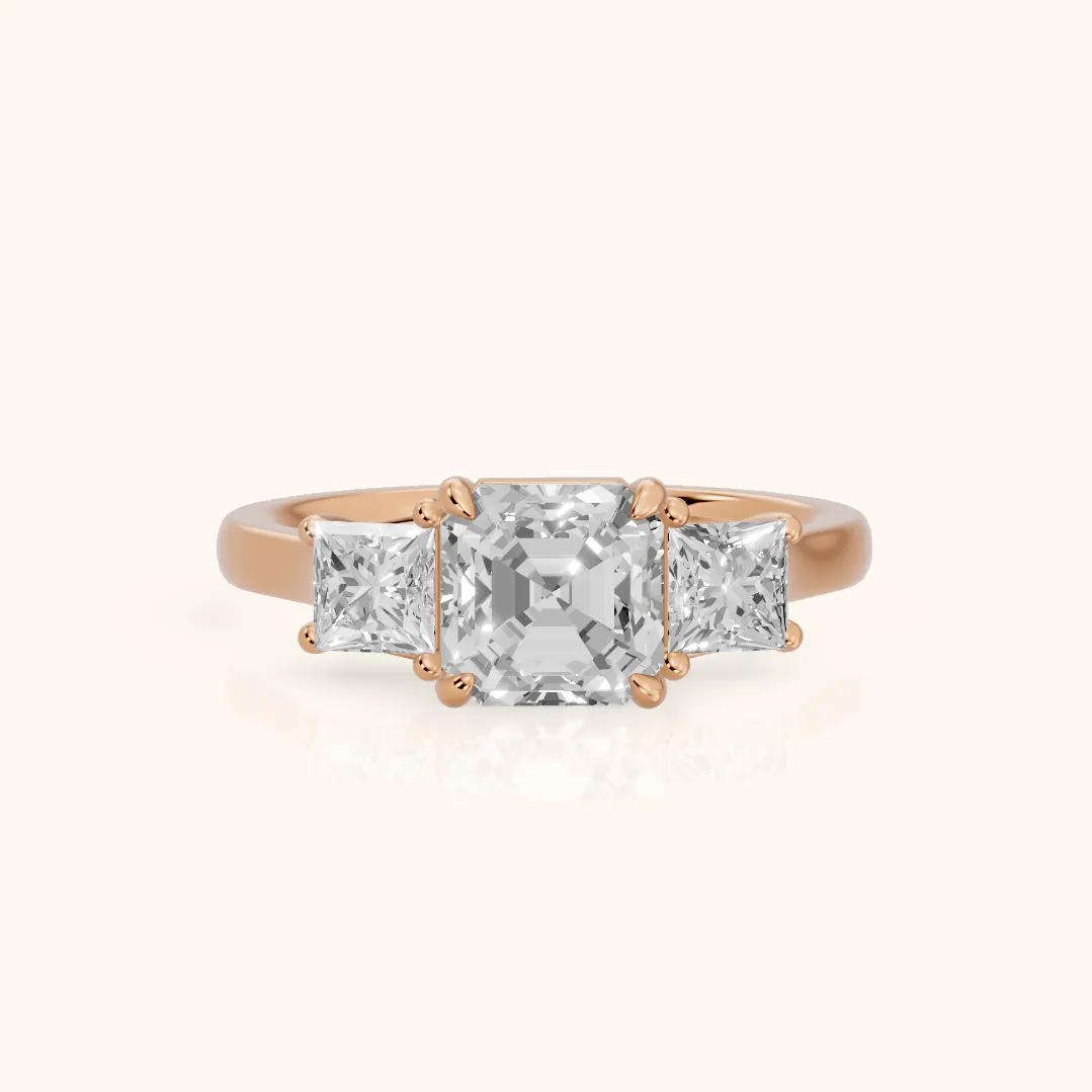 Sienna Three-Stone Asscher Diamond Ring in Rose Gold — view 2