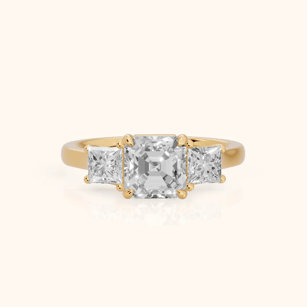 Sienna Three-Stone Asscher Diamond Ring in Yellow Gold — view 2