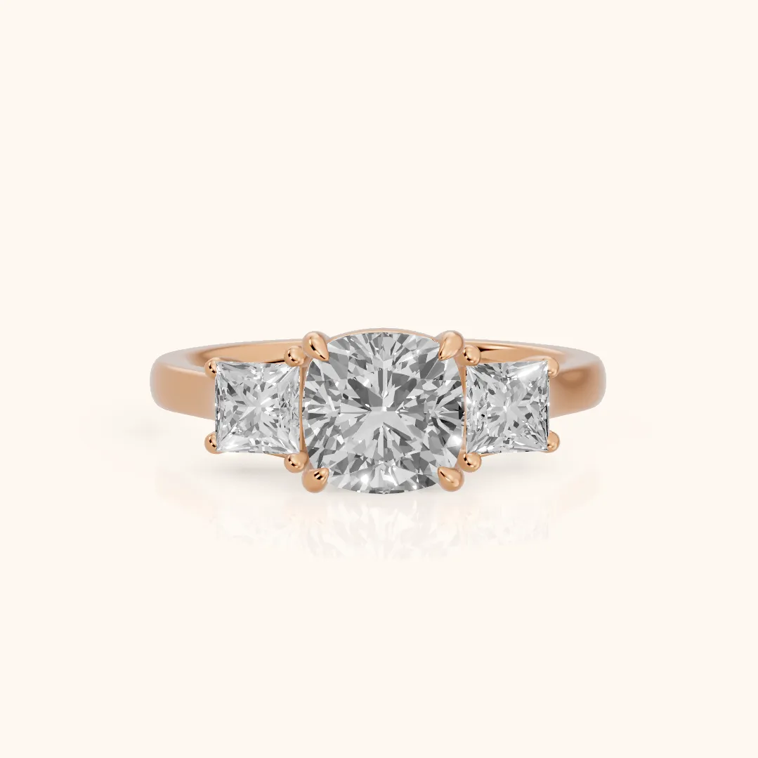 Sienna Three-Stone Cushion Diamond Ring in Rose Gold — view 2