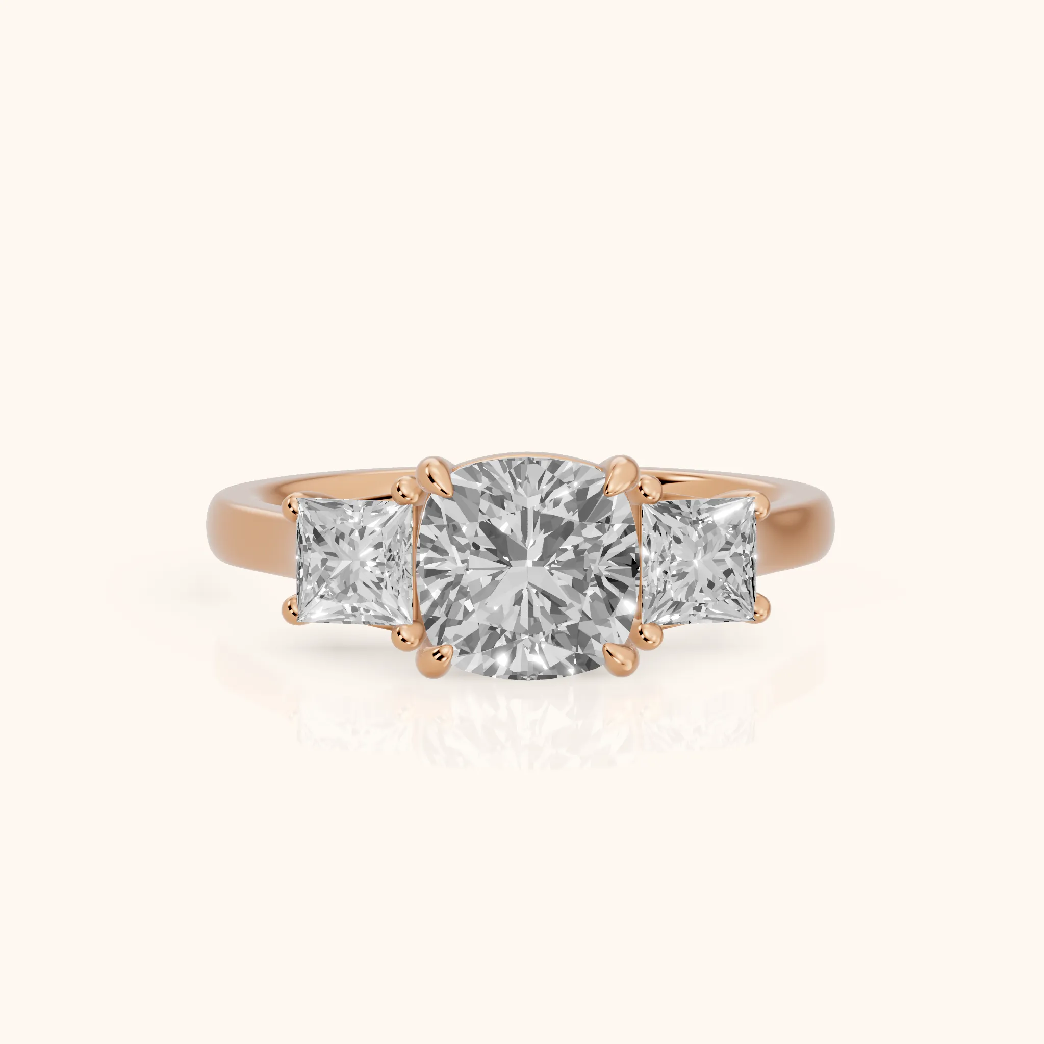 Sienna Three-Stone Cushion Diamond Ring in Rose Gold — view 1