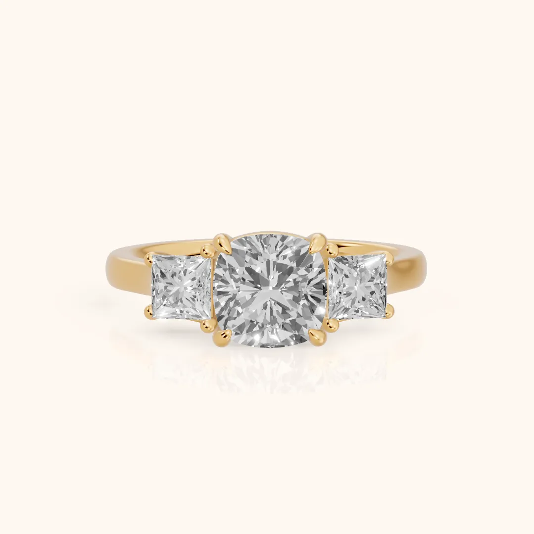 Sienna Three-Stone Cushion Diamond Ring in Yellow Gold — view 2