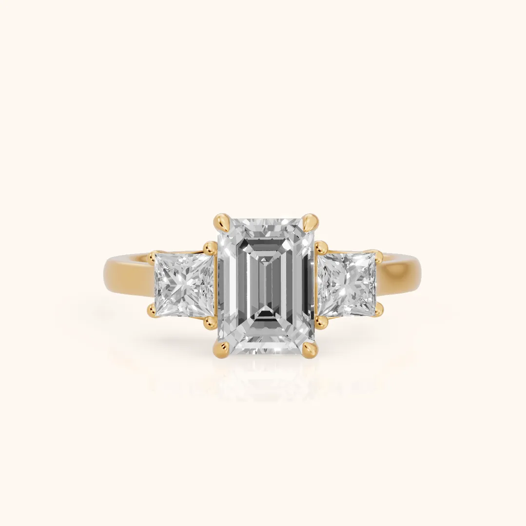 Sienna Three-Stone Emerald Diamond Ring in Yellow Gold — view 2