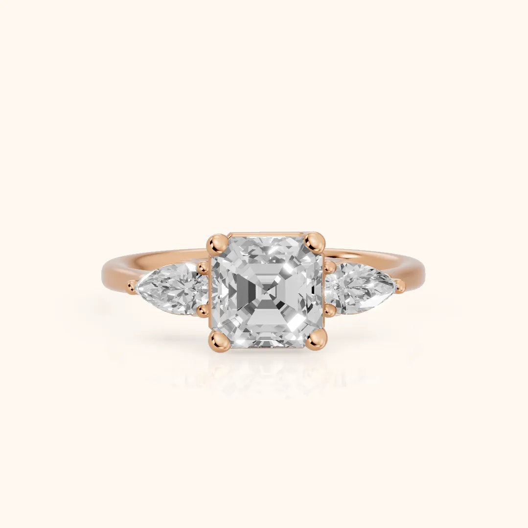 Faye Three-Stone Trellis Asscher Diamond Ring in Rose Gold — view 2