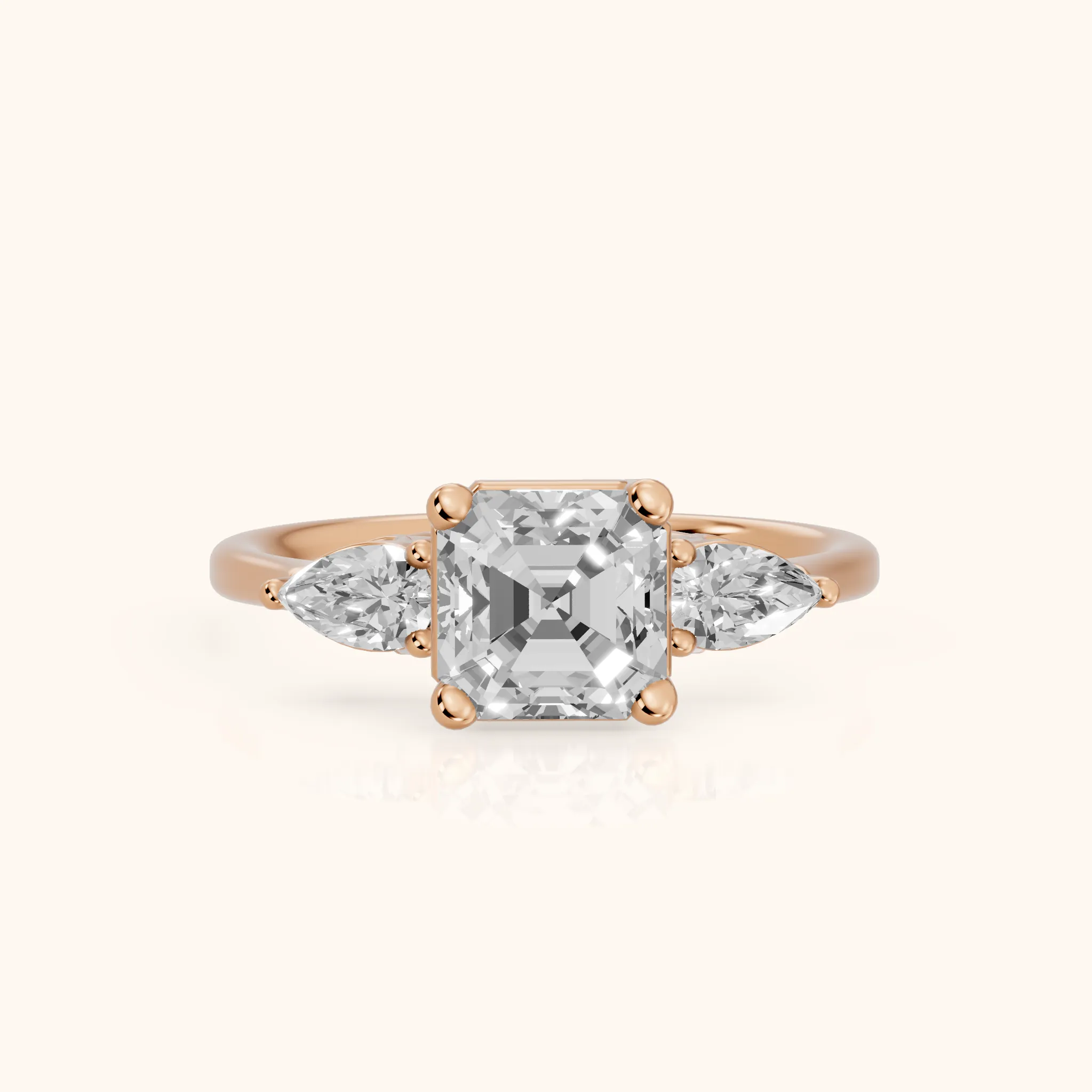 Faye Three-Stone Trellis Asscher Diamond Ring in Rose Gold — view 1