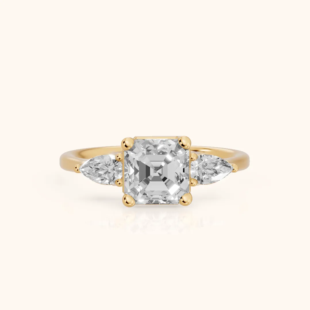 Faye Three-Stone Trellis Asscher Diamond Ring in Yellow Gold — view 2