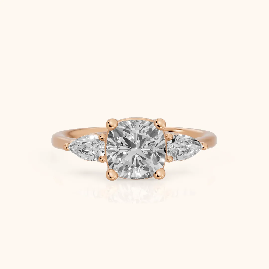Faye Three-Stone Trellis Cushion Diamond Ring in Rose Gold — view 2