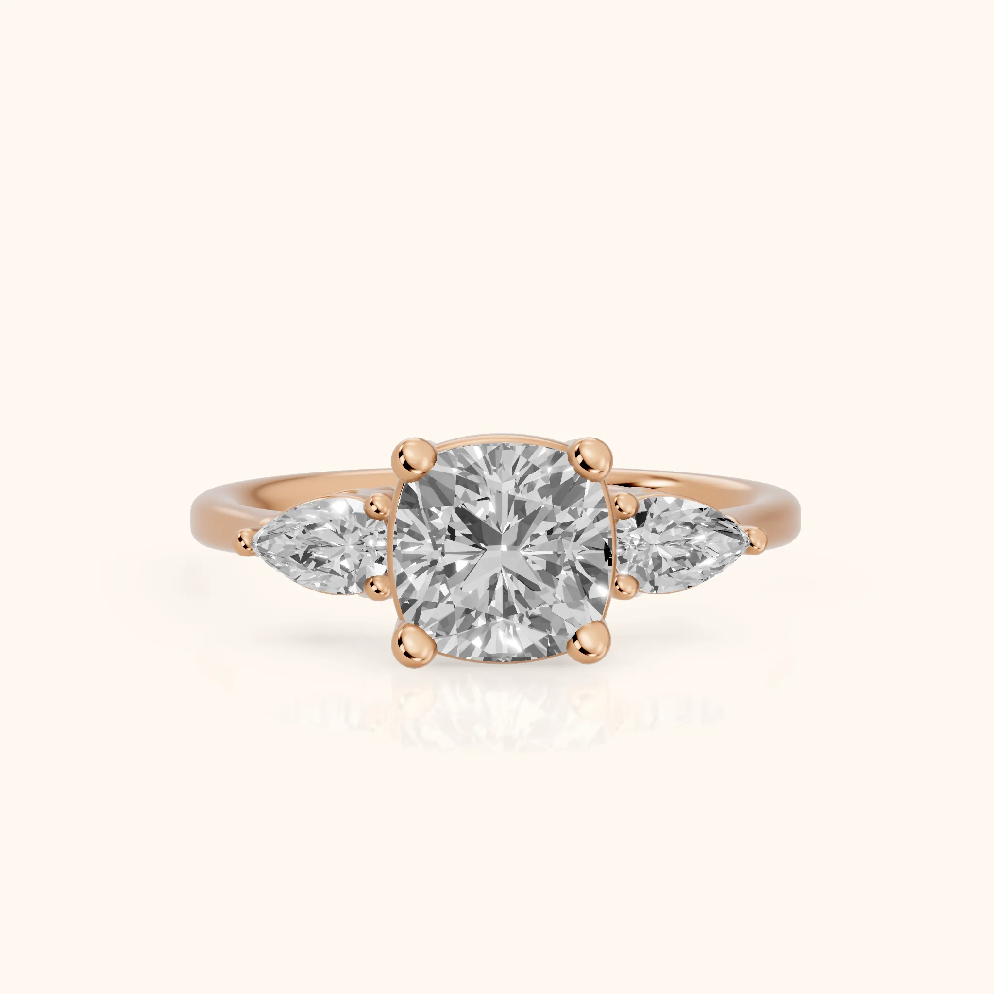 Faye Three-Stone Trellis Cushion Diamond Ring in Rose Gold — view 1