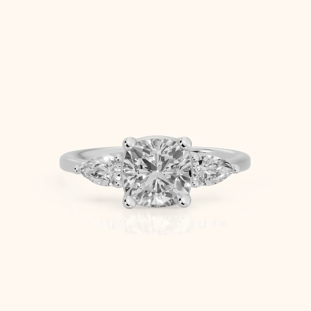 Faye Three-Stone Trellis Cushion Diamond Ring in Platinum — view 2