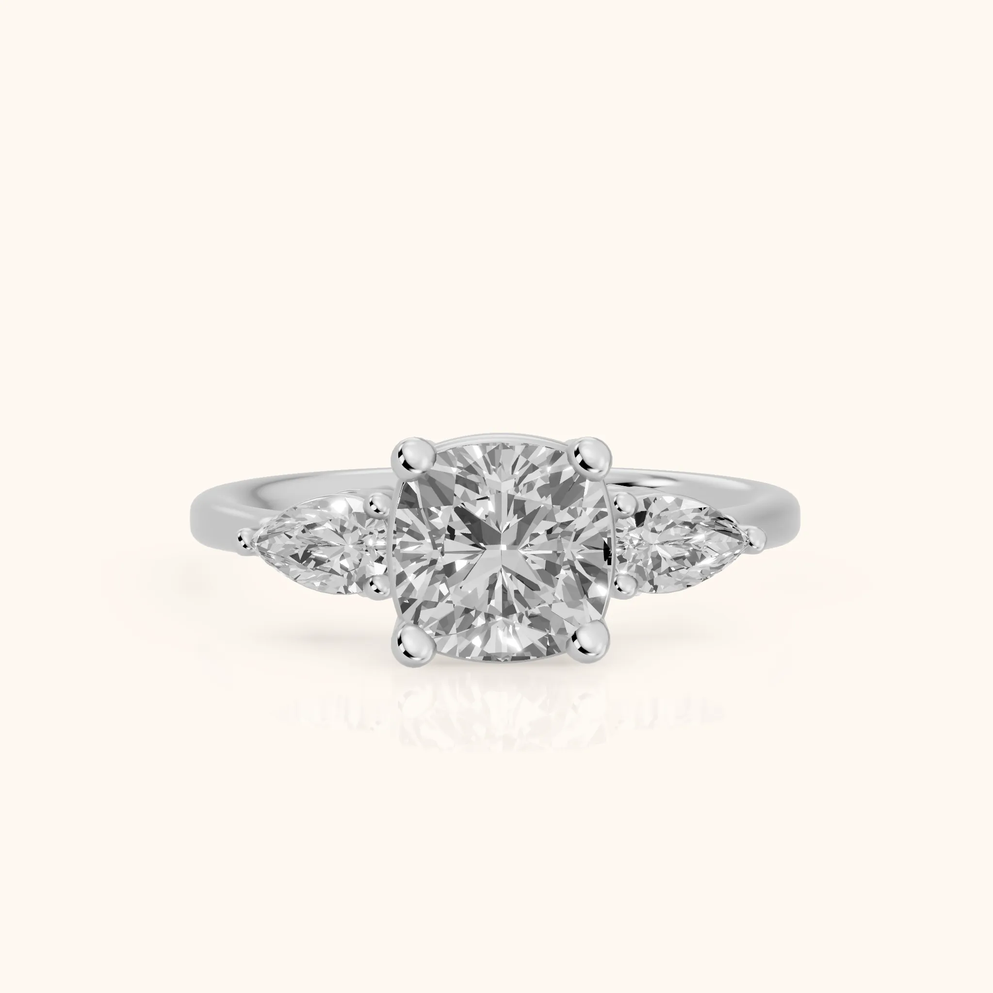Faye Three-Stone Trellis Cushion Diamond Ring in Platinum — view 1