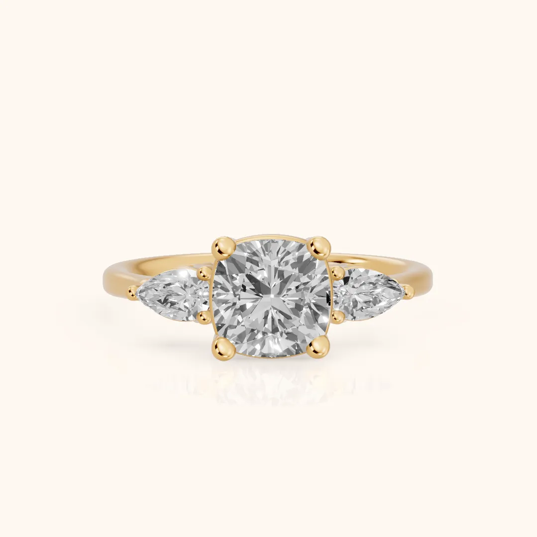 Faye Three-Stone Trellis Cushion Diamond Ring in Yellow Gold — view 2
