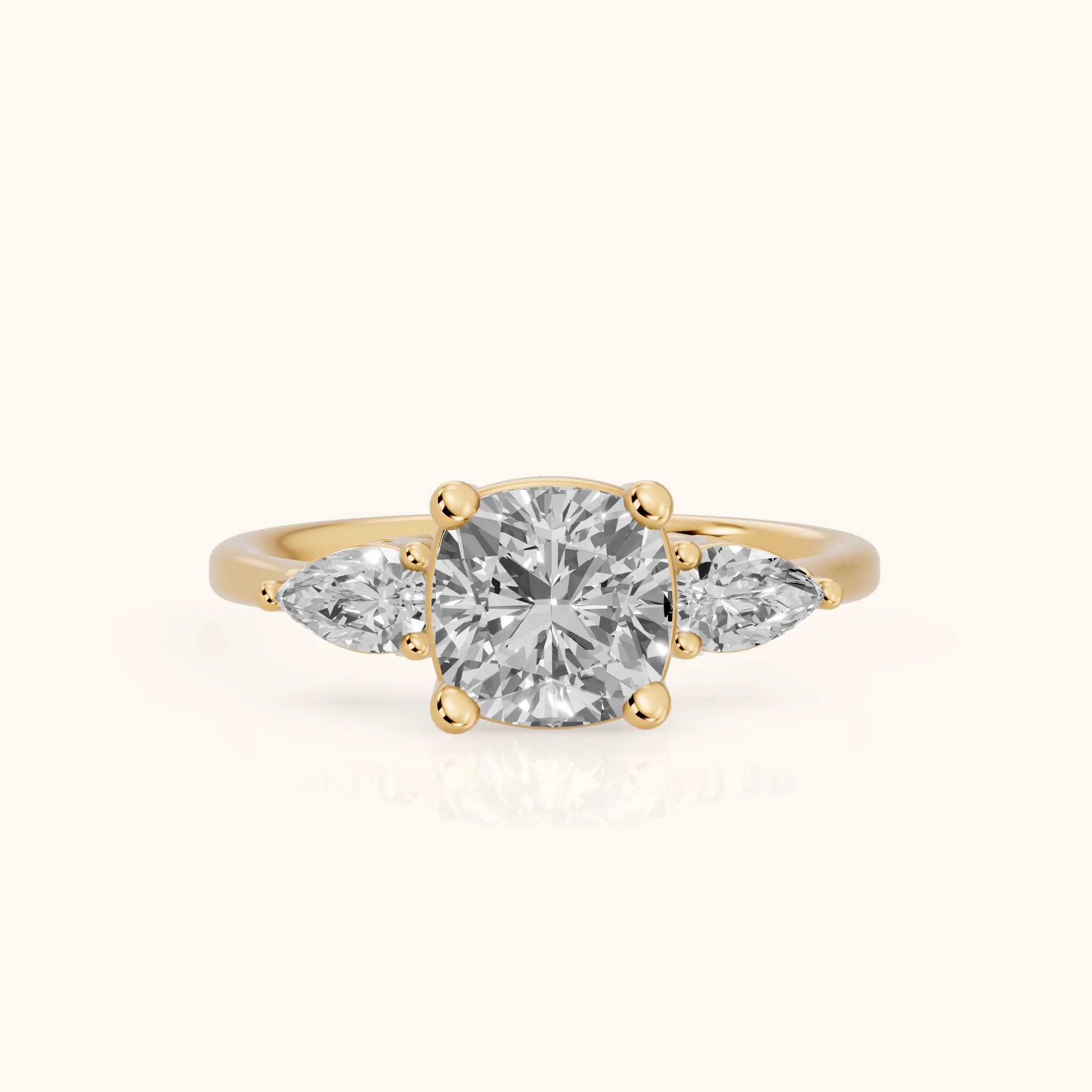 Faye Three-Stone Trellis Cushion Diamond Ring in Yellow Gold — view 1