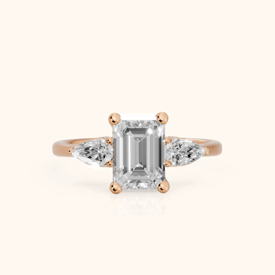 Faye Three-Stone Trellis Emerald Diamond Ring in Rose Gold — view 2