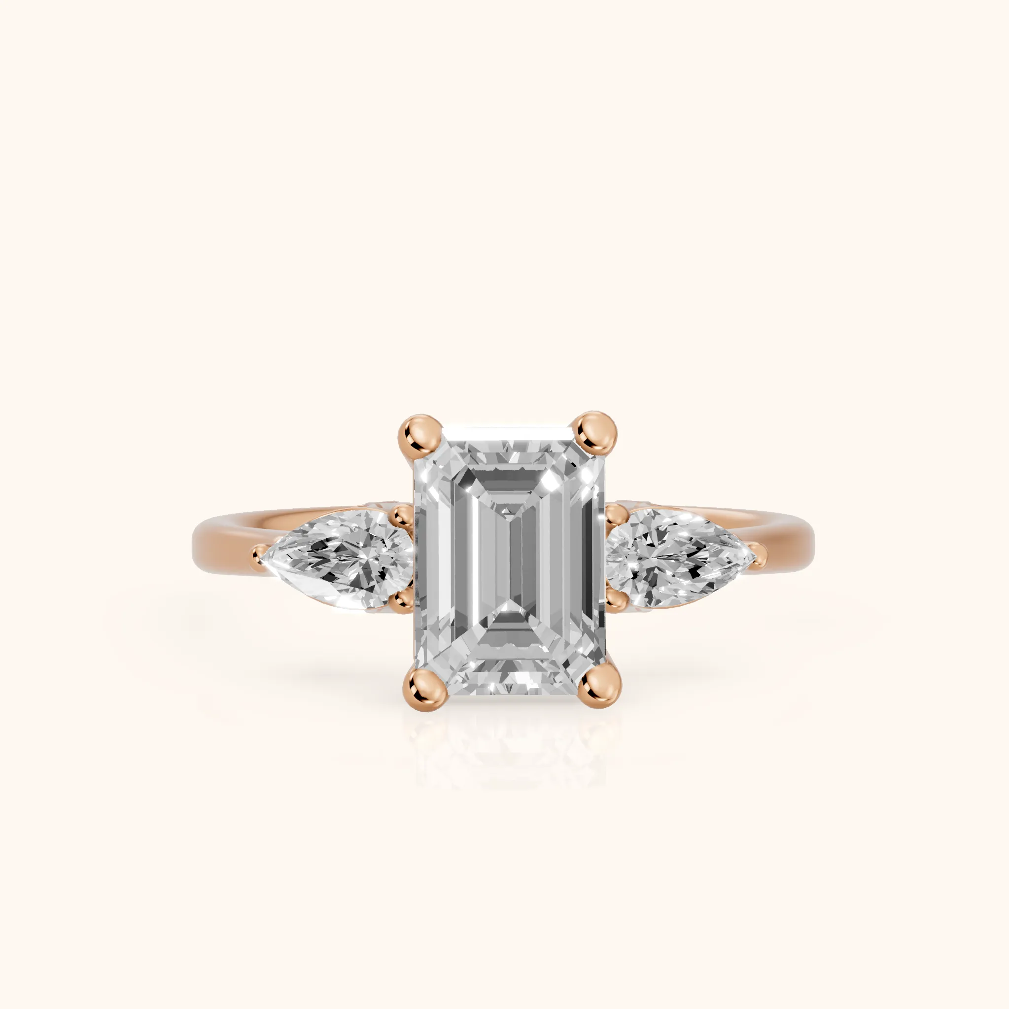 Faye Three-Stone Trellis Emerald Diamond Ring in Rose Gold — view 1