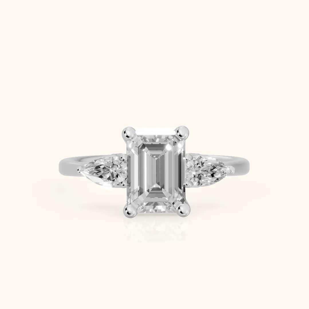Faye Three-Stone Trellis Emerald Diamond Ring in Silver — view 2
