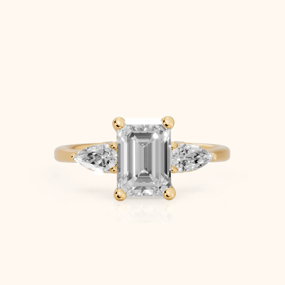 Faye Three-Stone Trellis Emerald Diamond Ring in Yellow Gold — view 2