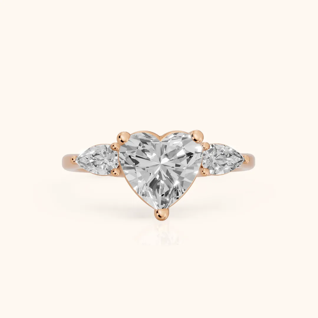 Faye Three-Stone Trellis Heart Diamond Ring in Rose Gold — view 2