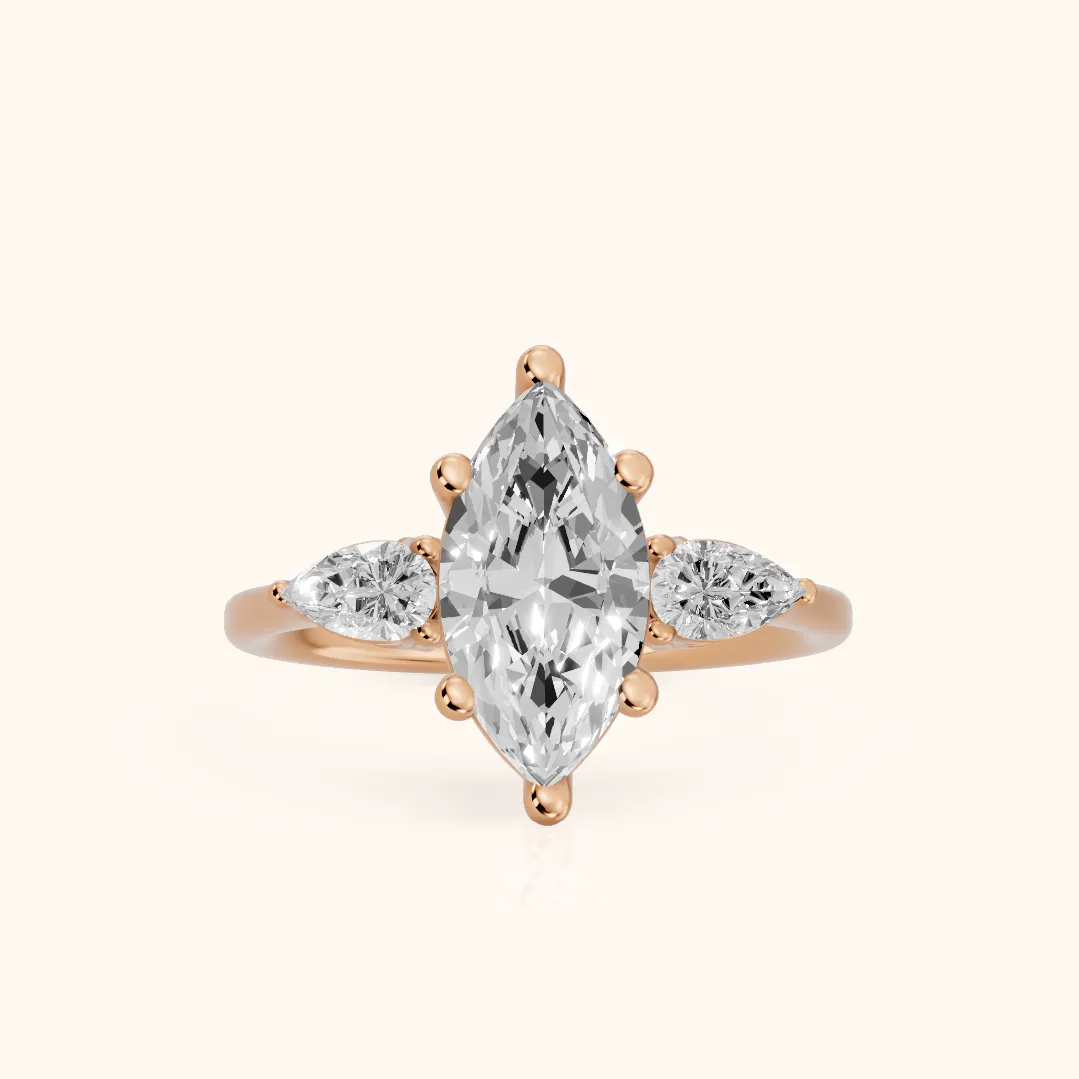 Faye Three-Stone Trellis Marquise Diamond Ring in Rose Gold — view 2