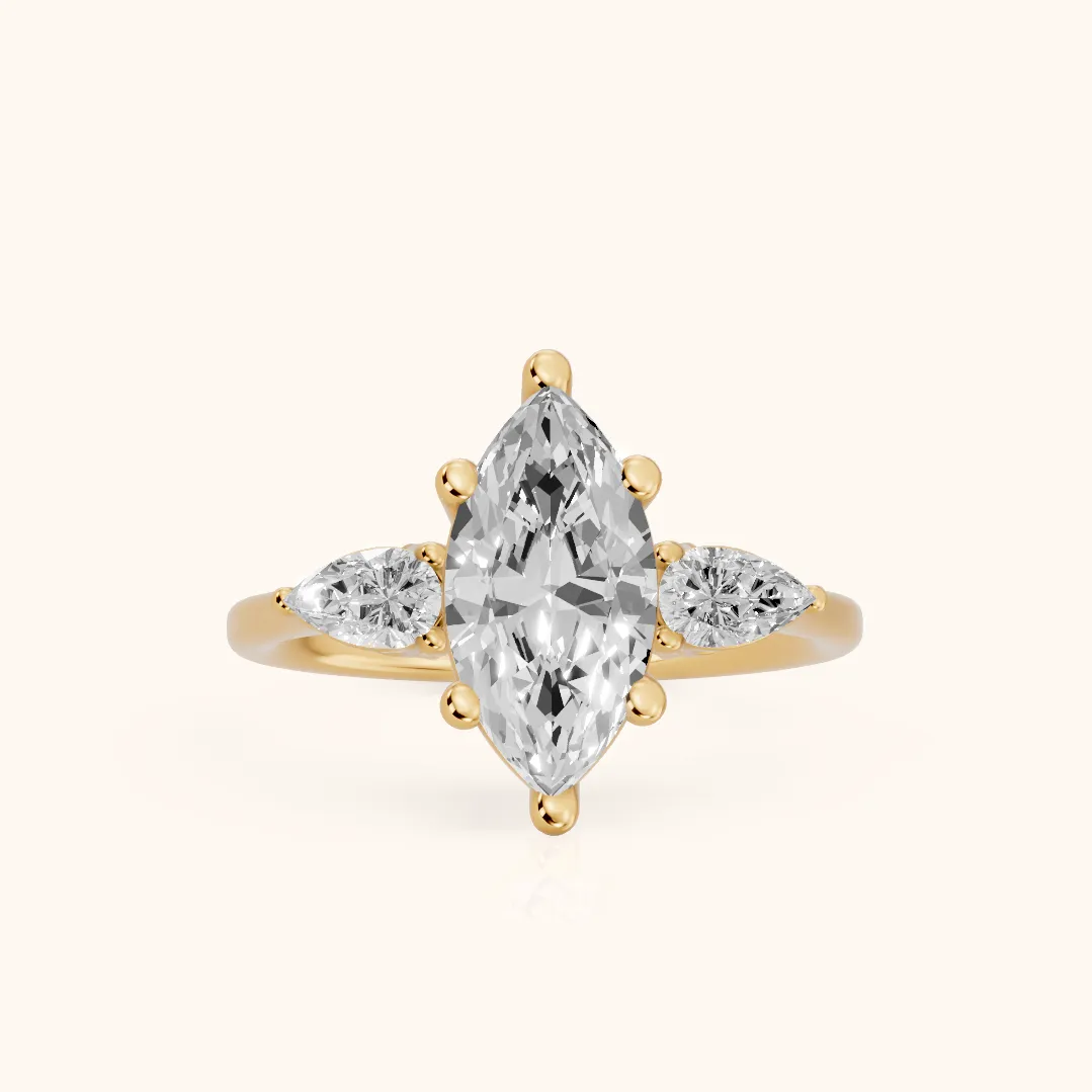 Faye Three-Stone Trellis Marquise Diamond Ring in Yellow Gold — view 2