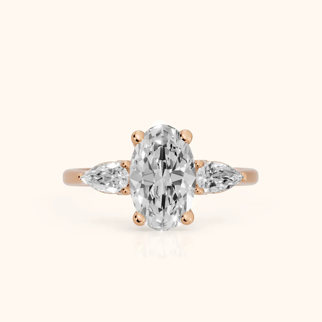 Faye Three-Stone Trellis Oval Diamond Ring in Rose Gold — view 2