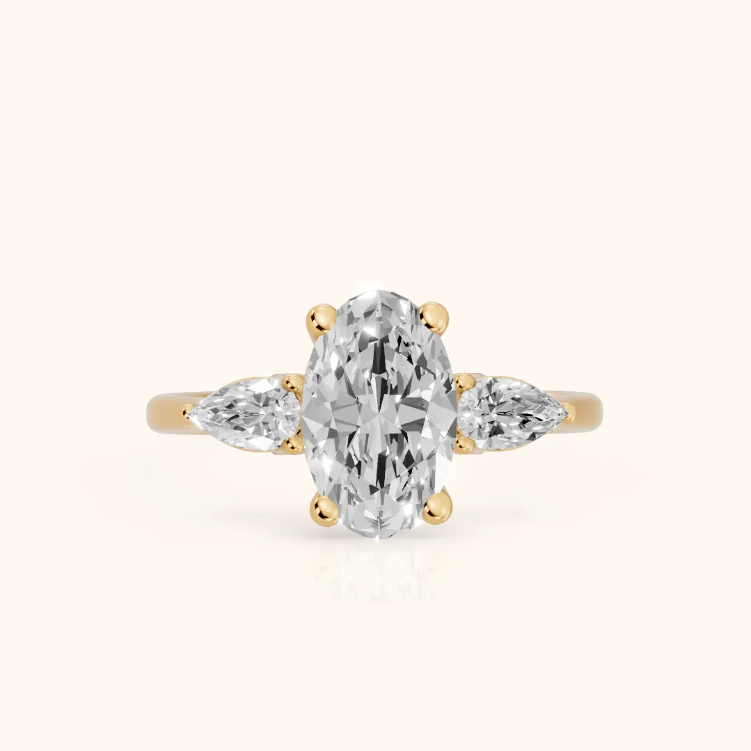 Faye Three-Stone Trellis Oval Diamond Ring in Yellow Gold — view 2