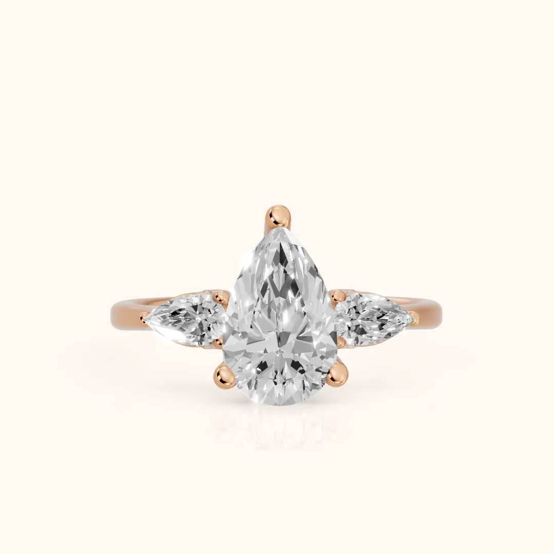 Faye Three-Stone Trellis Pear Diamond Ring in Rose Gold — view 2