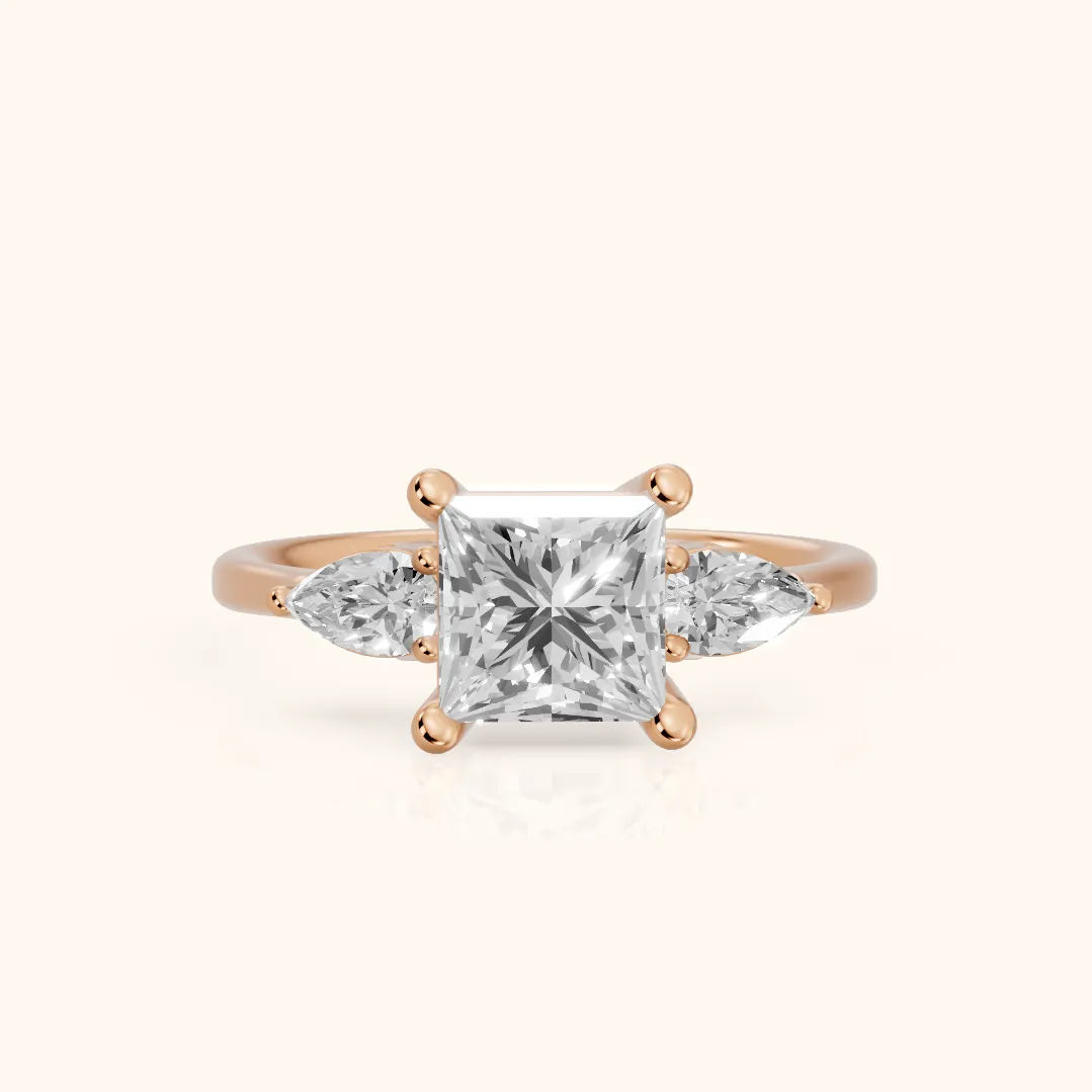 Faye Three-Stone Trellis Princess Diamond Ring in Rose Gold — view 2