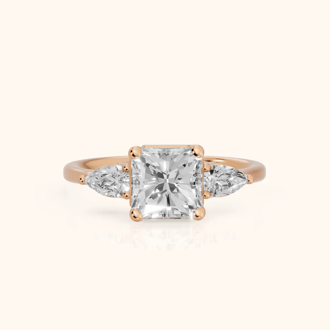 Faye Three-Stone Trellis Radiant Diamond Ring in Rose Gold — view 2