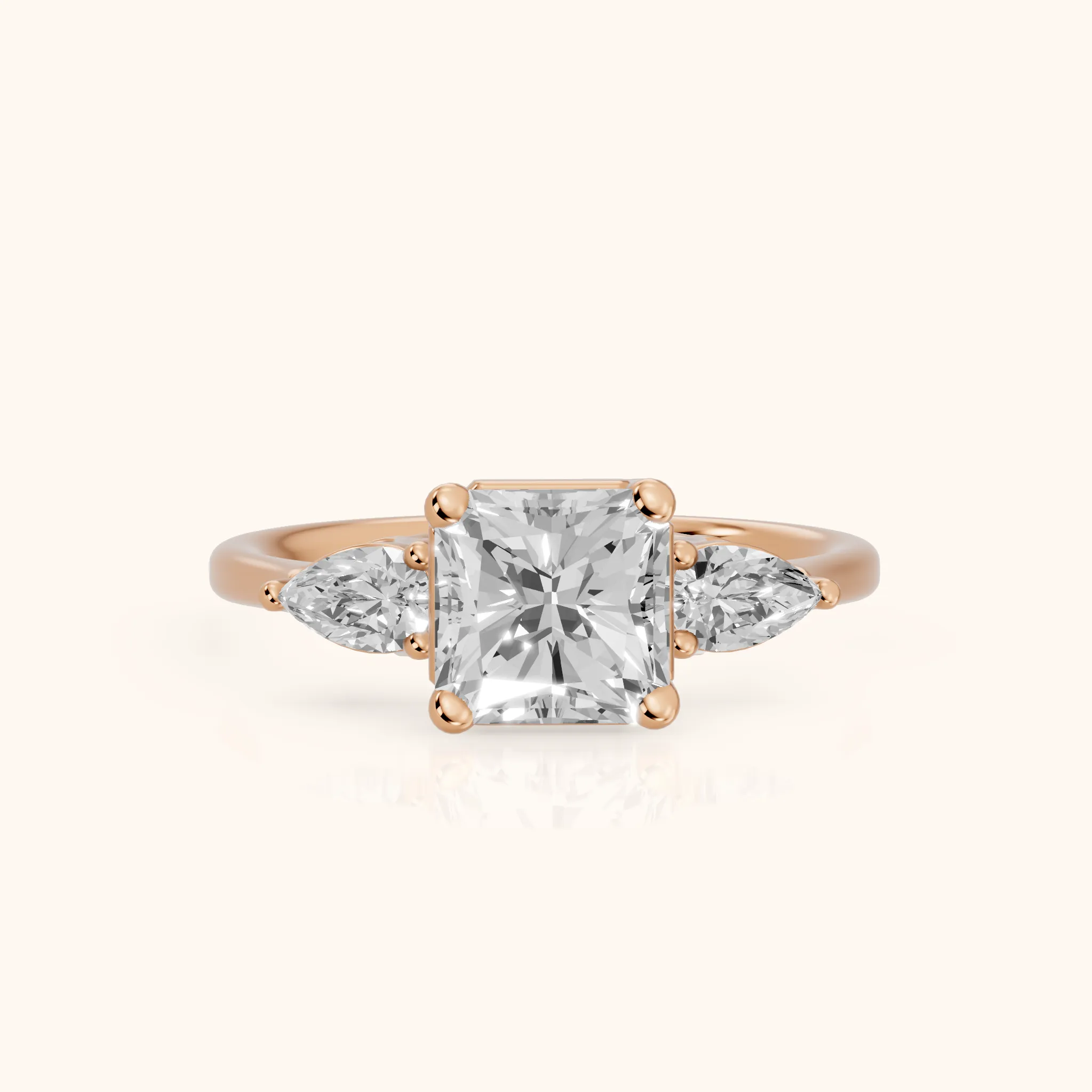 Faye Three-Stone Trellis Radiant Diamond Ring in Rose Gold — view 1