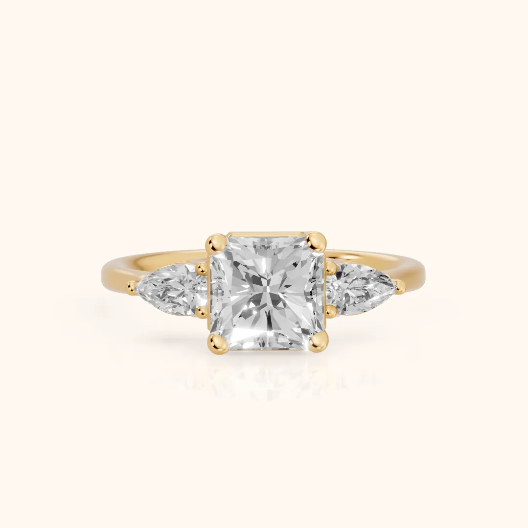 Faye Three-Stone Trellis Radiant Diamond Ring in Yellow Gold — view 2