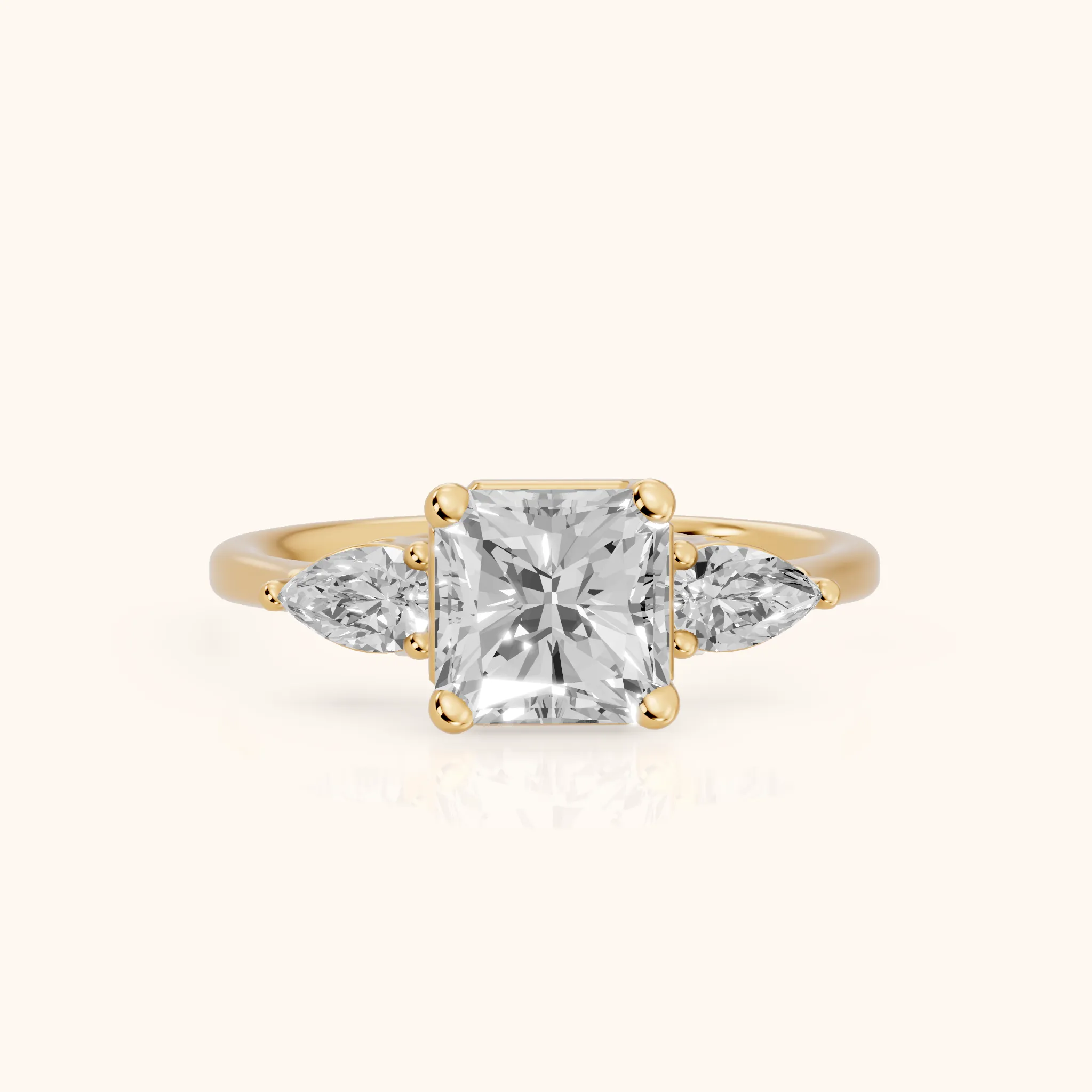 Faye Three-Stone Trellis Radiant Diamond Ring in Yellow Gold — view 1