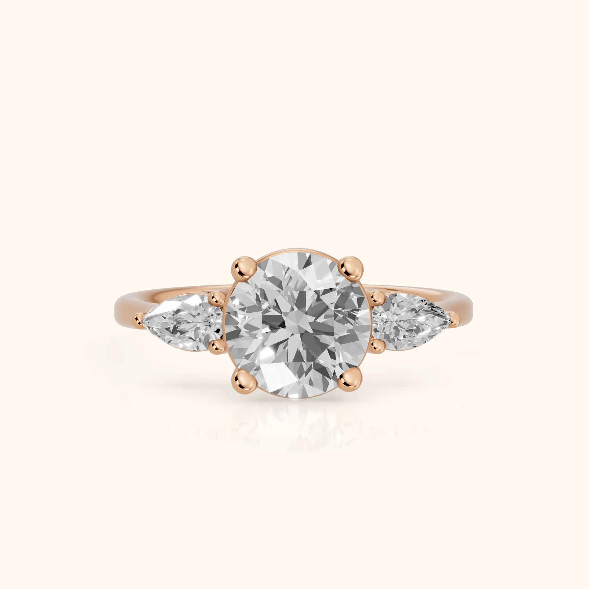 Faye Three-Stone Trellis Round Diamond Ring in Rose Gold — view 1