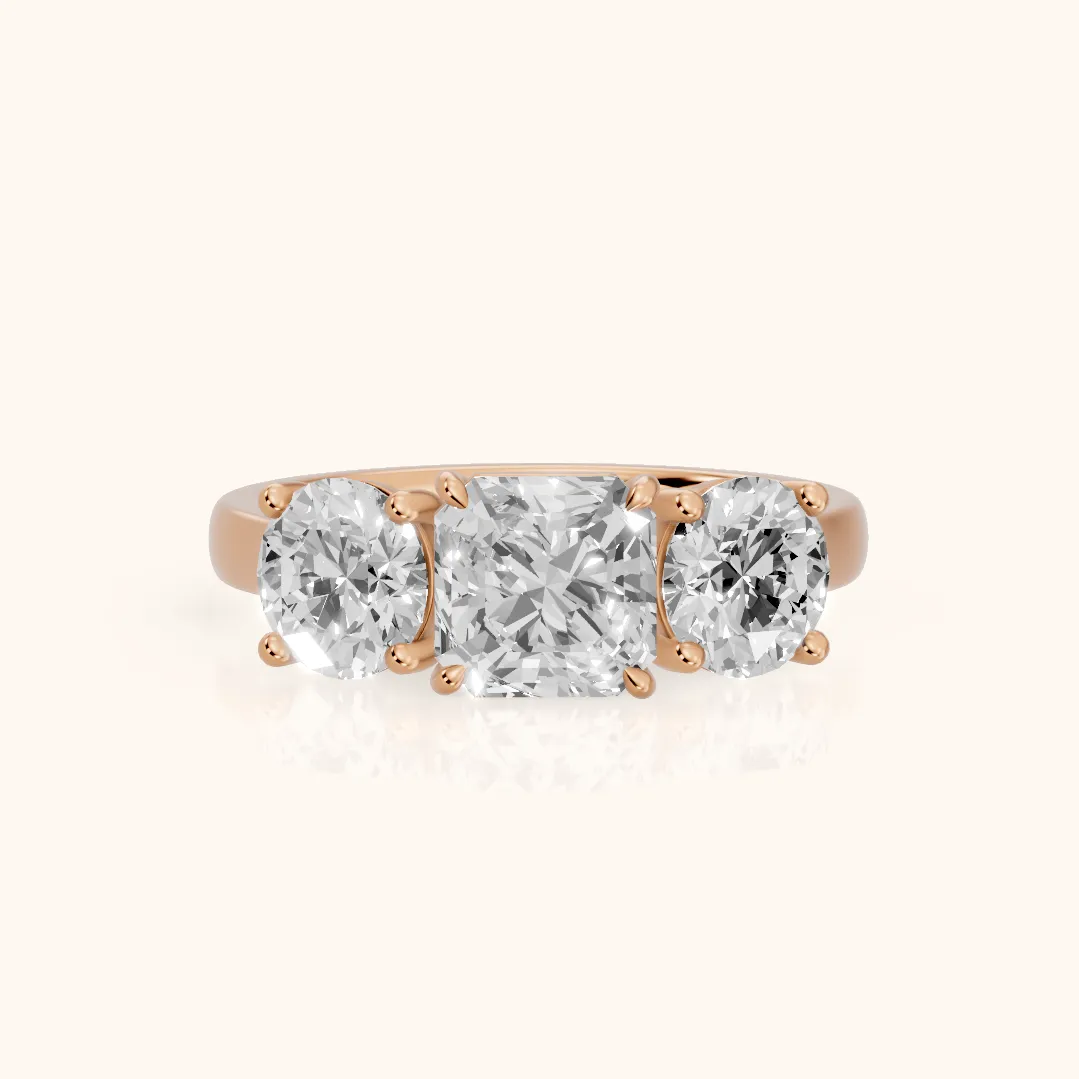 Esme Three-Stone Tapered Asscher Diamond Ring in Rose Gold — view 2
