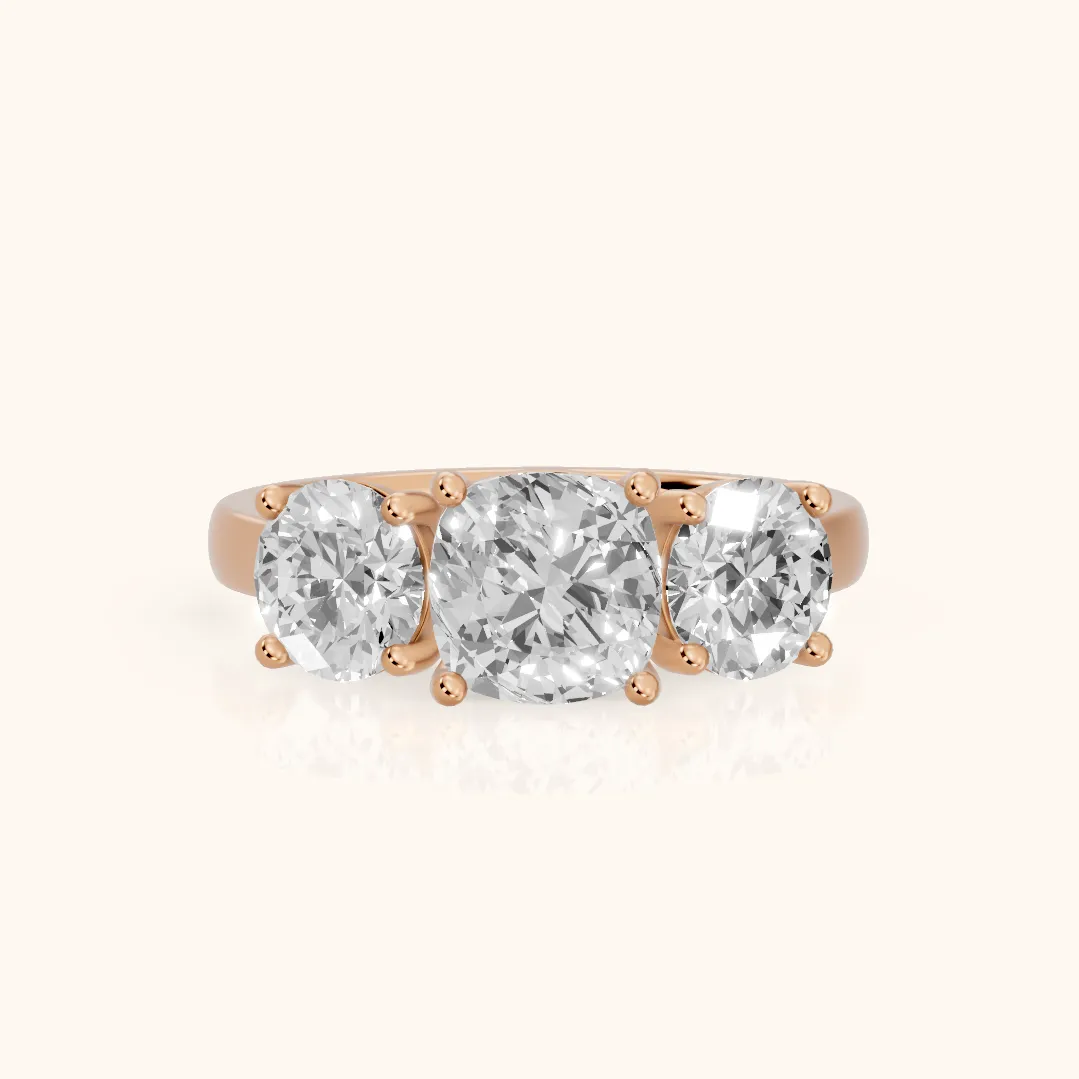 Esme Three-Stone Tapered Cushion Diamond Ring in Rose Gold — view 2