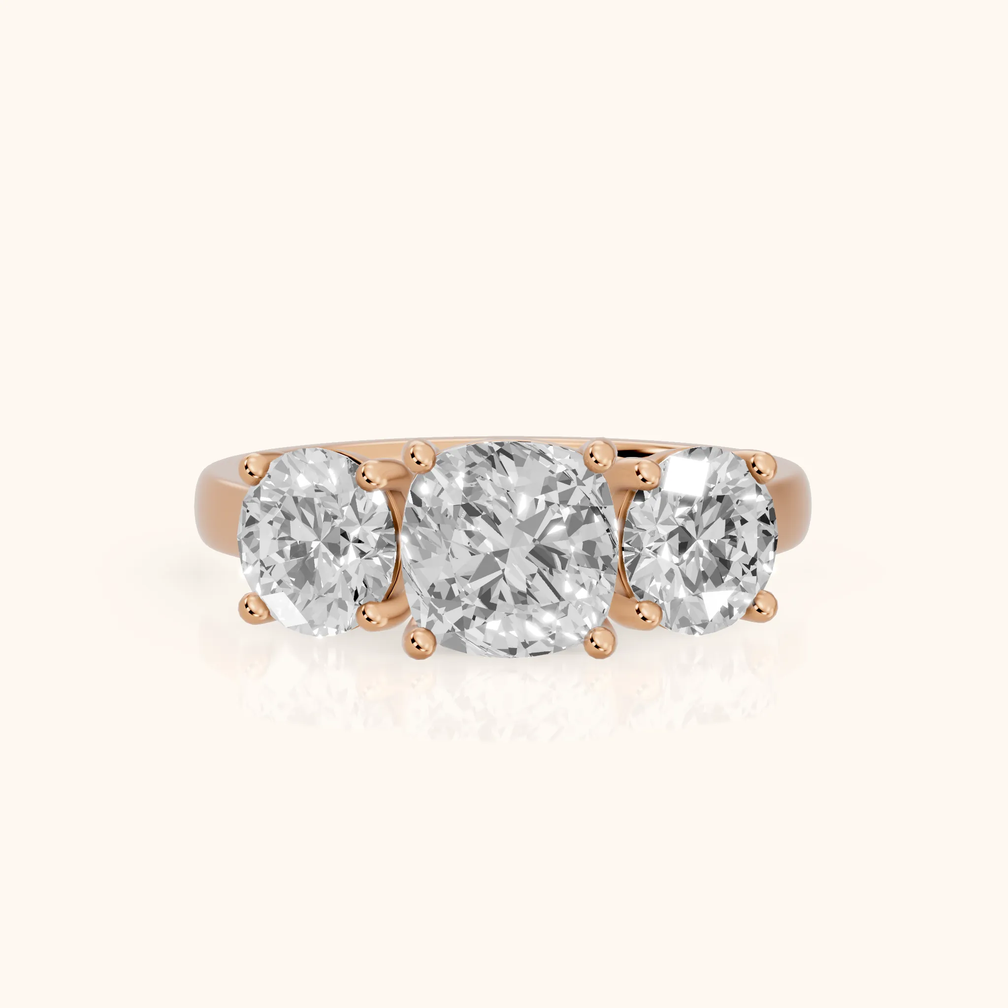 Esme Three-Stone Tapered Cushion Diamond Ring in Rose Gold — view 1