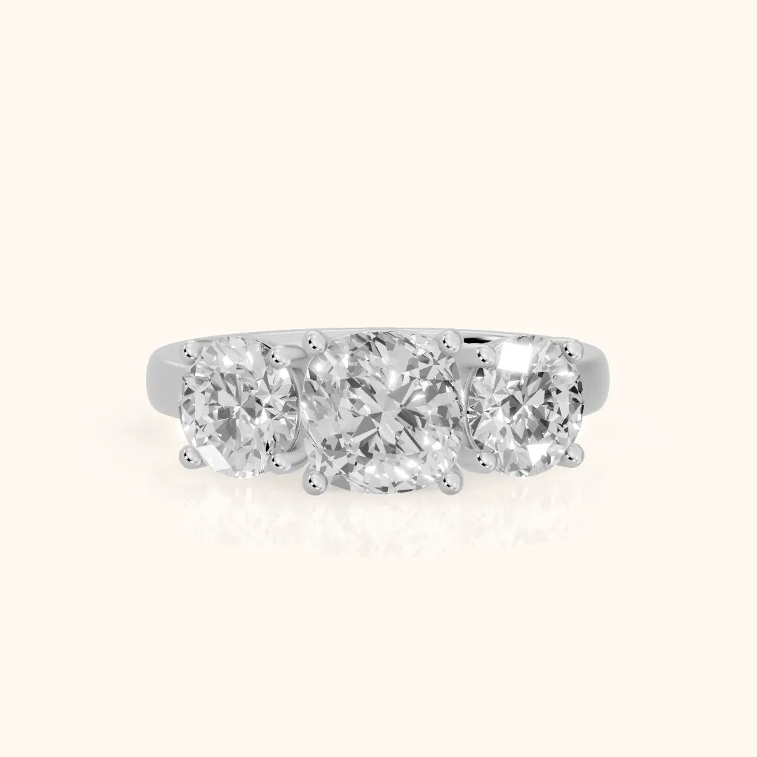 Esme Three-Stone Tapered Cushion Diamond Ring in Platinum — view 2