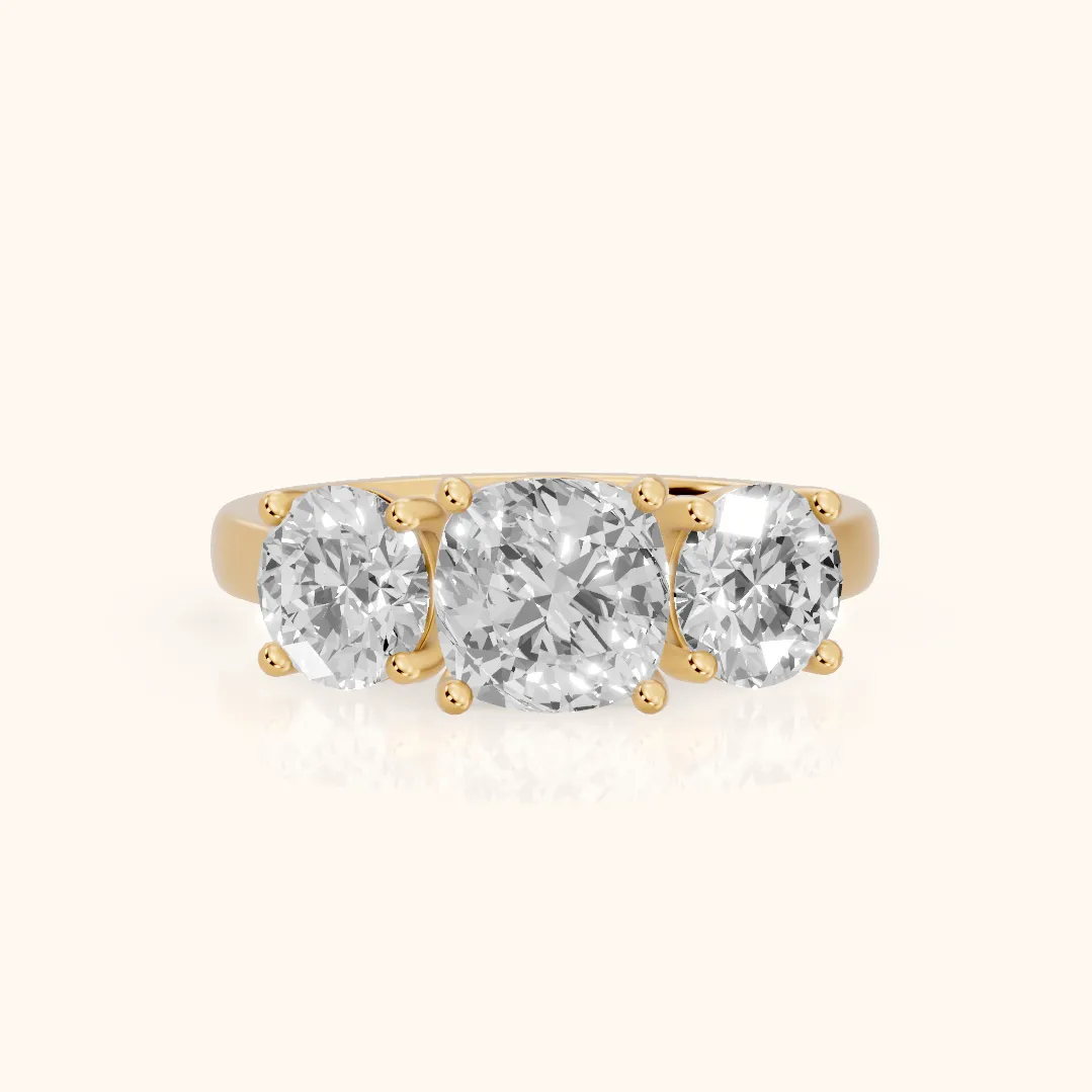 Esme Three-Stone Tapered Cushion Diamond Ring in Yellow Gold — view 2