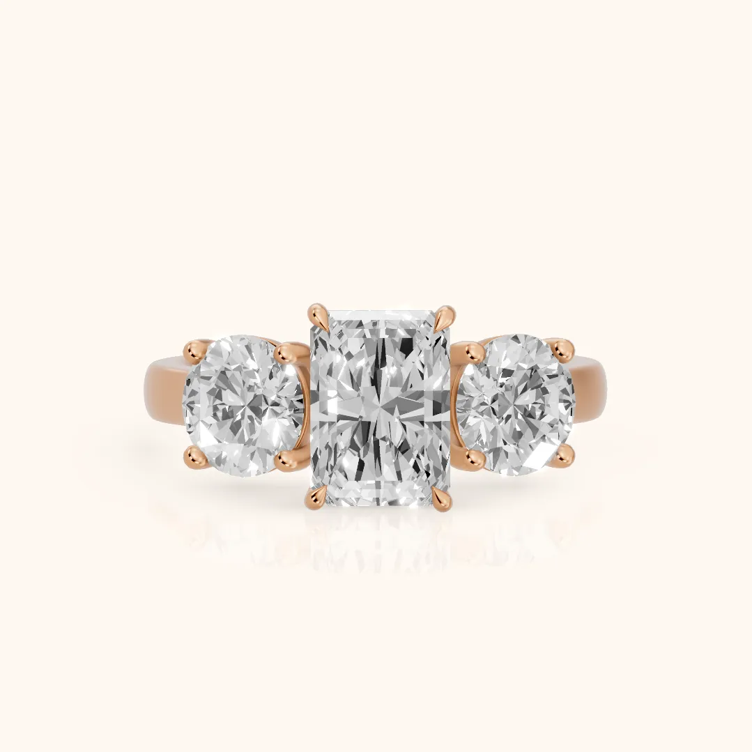 Esme Three-Stone Tapered Emerald Diamond Ring in Rose Gold — view 2