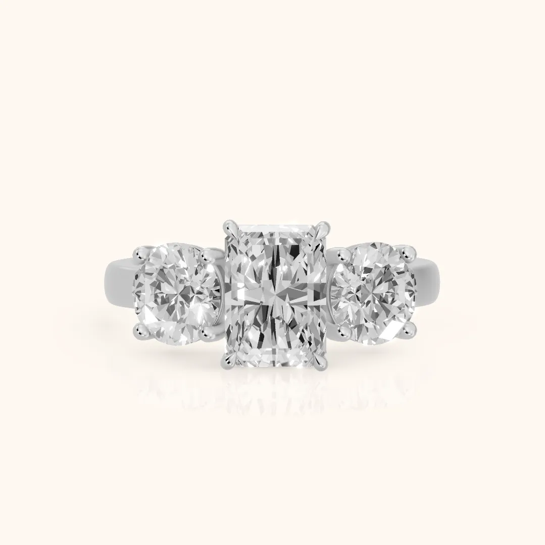 Esme Three-Stone Tapered Emerald Diamond Ring in Platinum — view 2