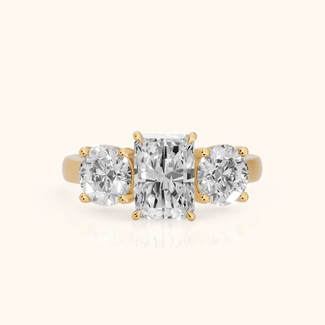 Esme Three-Stone Tapered Emerald Diamond Ring in Yellow Gold — view 2