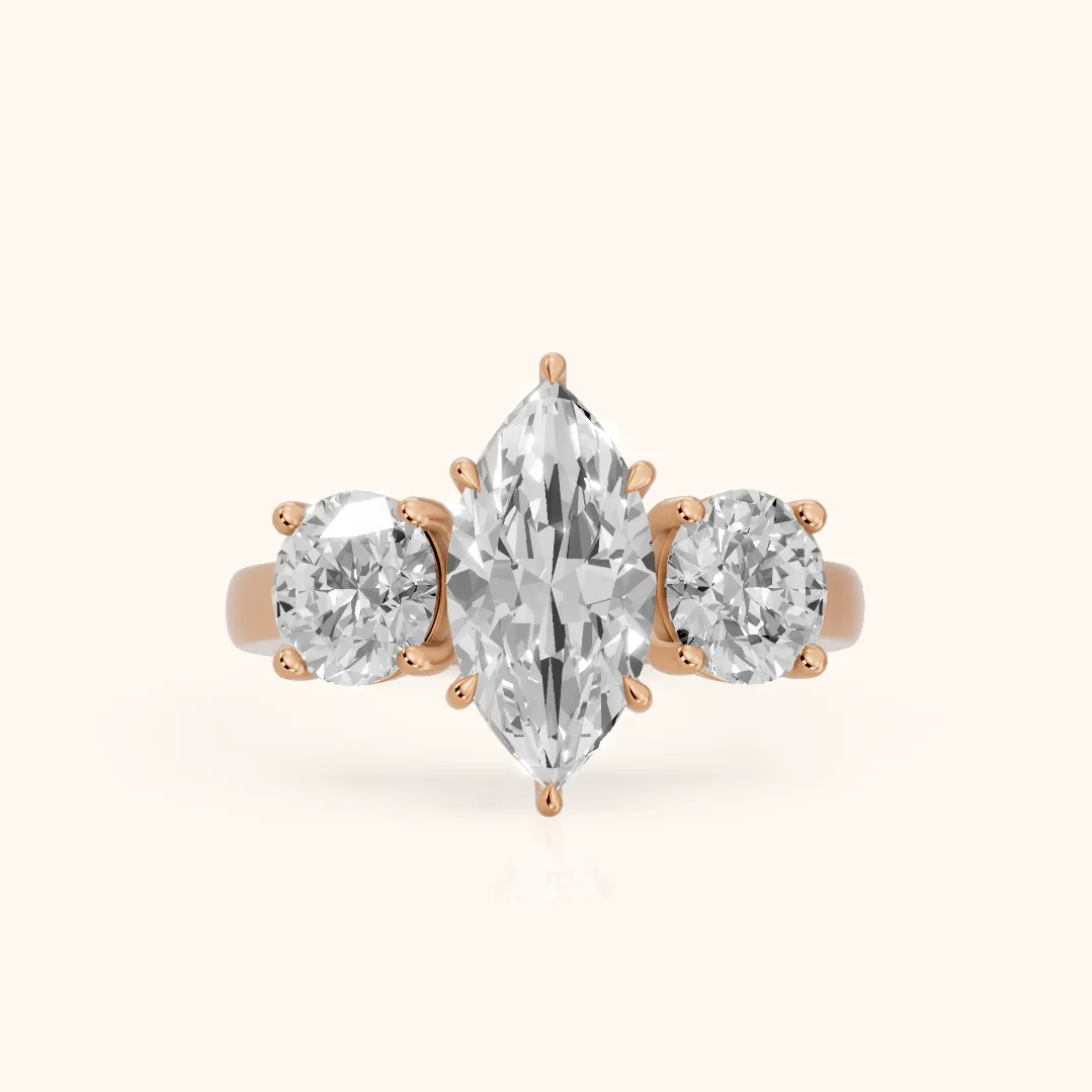 Esme Three-Stone Tapered Marquise Diamond Ring in Rose Gold — view 2