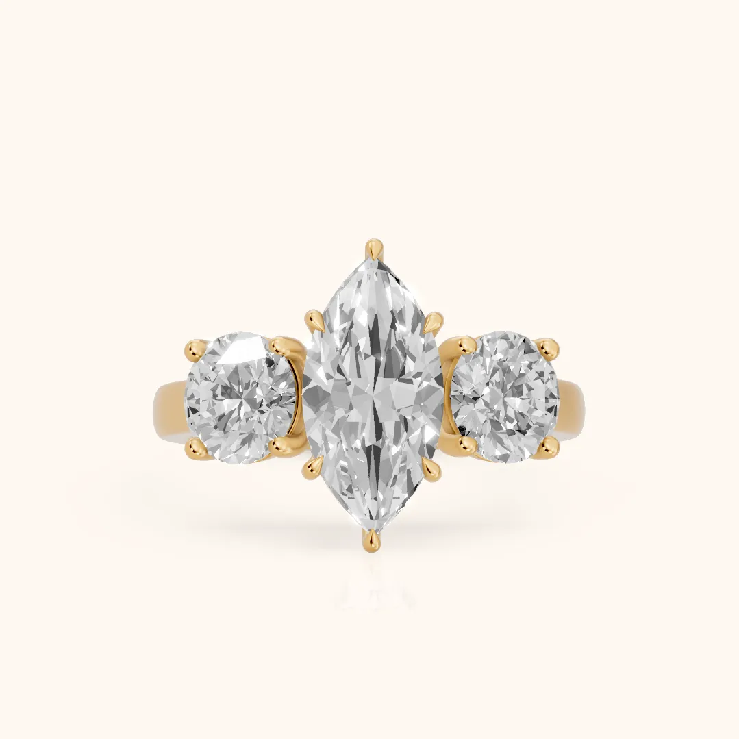 Esme Three-Stone Tapered Marquise Diamond Ring in Yellow Gold — view 2