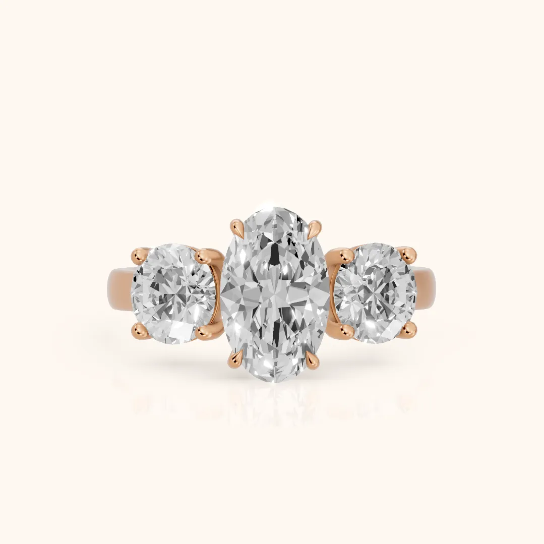 Esme Three-Stone Tapered Oval Diamond Ring in Rose Gold — view 2