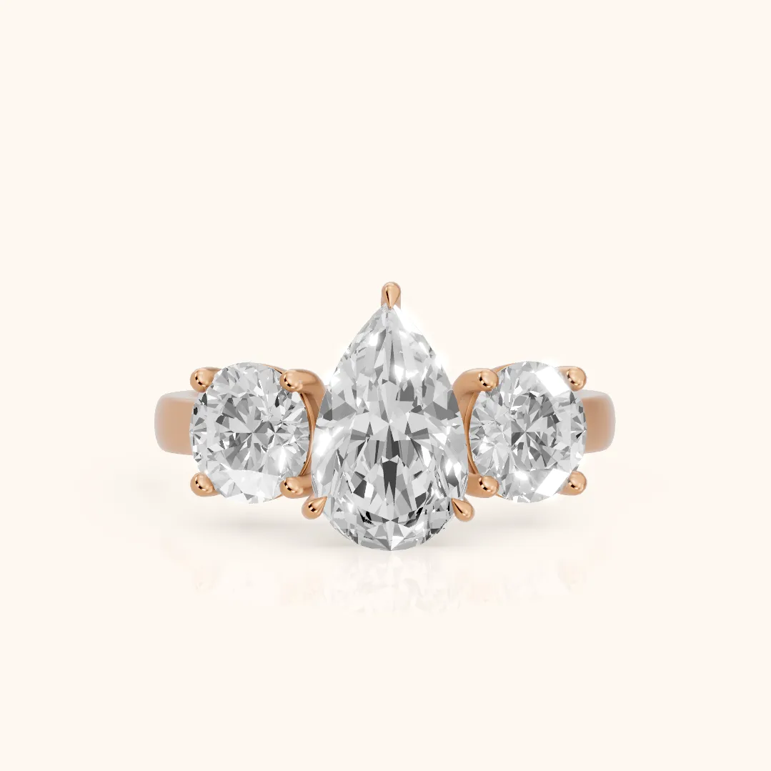 Esme Three-Stone Tapered Pear Diamond Ring in Rose Gold — view 2