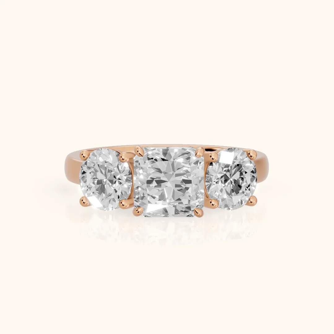 Esme Three-Stone Tapered Radiant Diamond Ring in Rose Gold — view 2