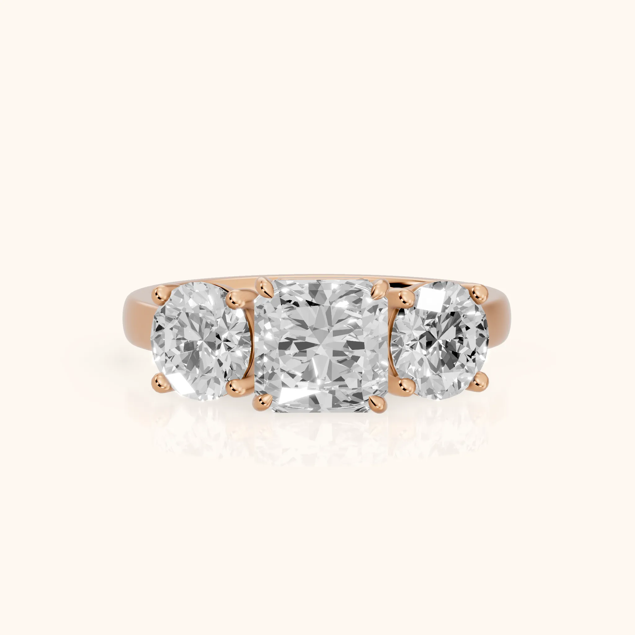 Esme Three-Stone Tapered Radiant Diamond Ring in Rose Gold — view 1