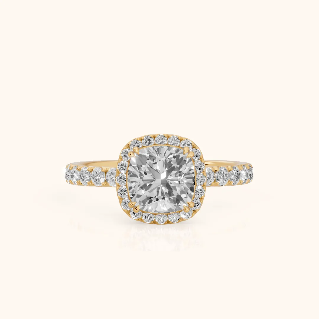 Chloe Halo Pavé Cushion Diamond Ring in Yellow Gold — view 2