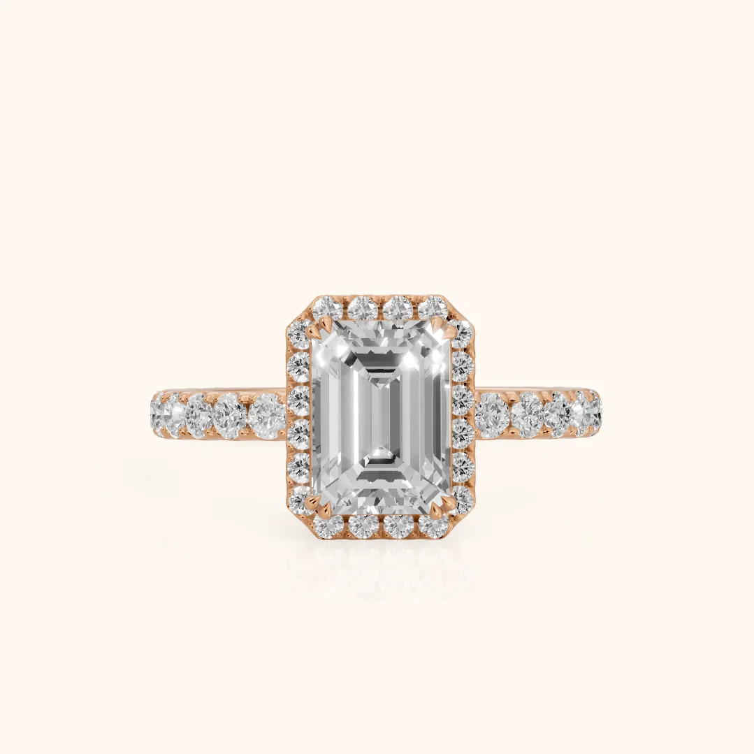 Chloe Halo Pavé Emerald Diamond Ring in Rose Gold — view 2