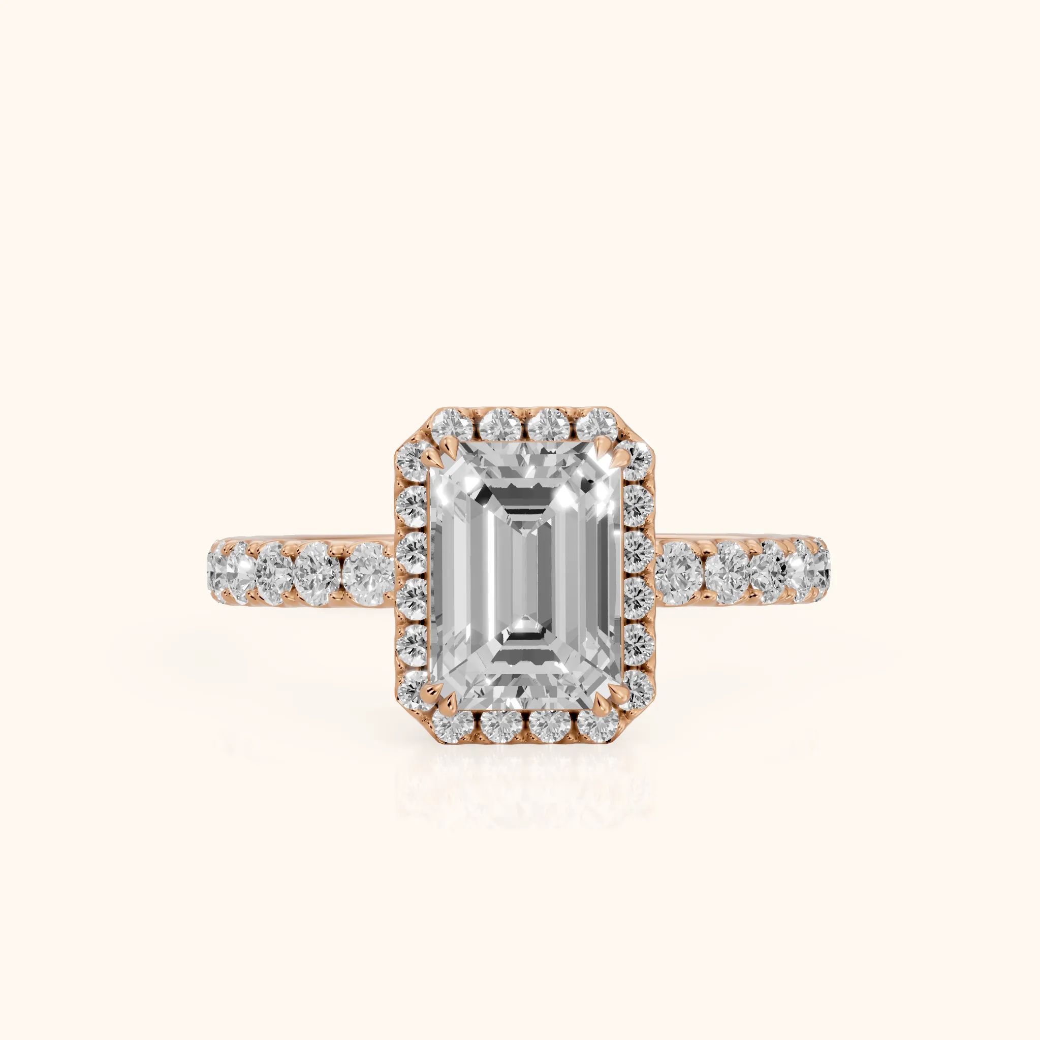 Chloe Halo Pavé Emerald Diamond Ring in Rose Gold — view 1