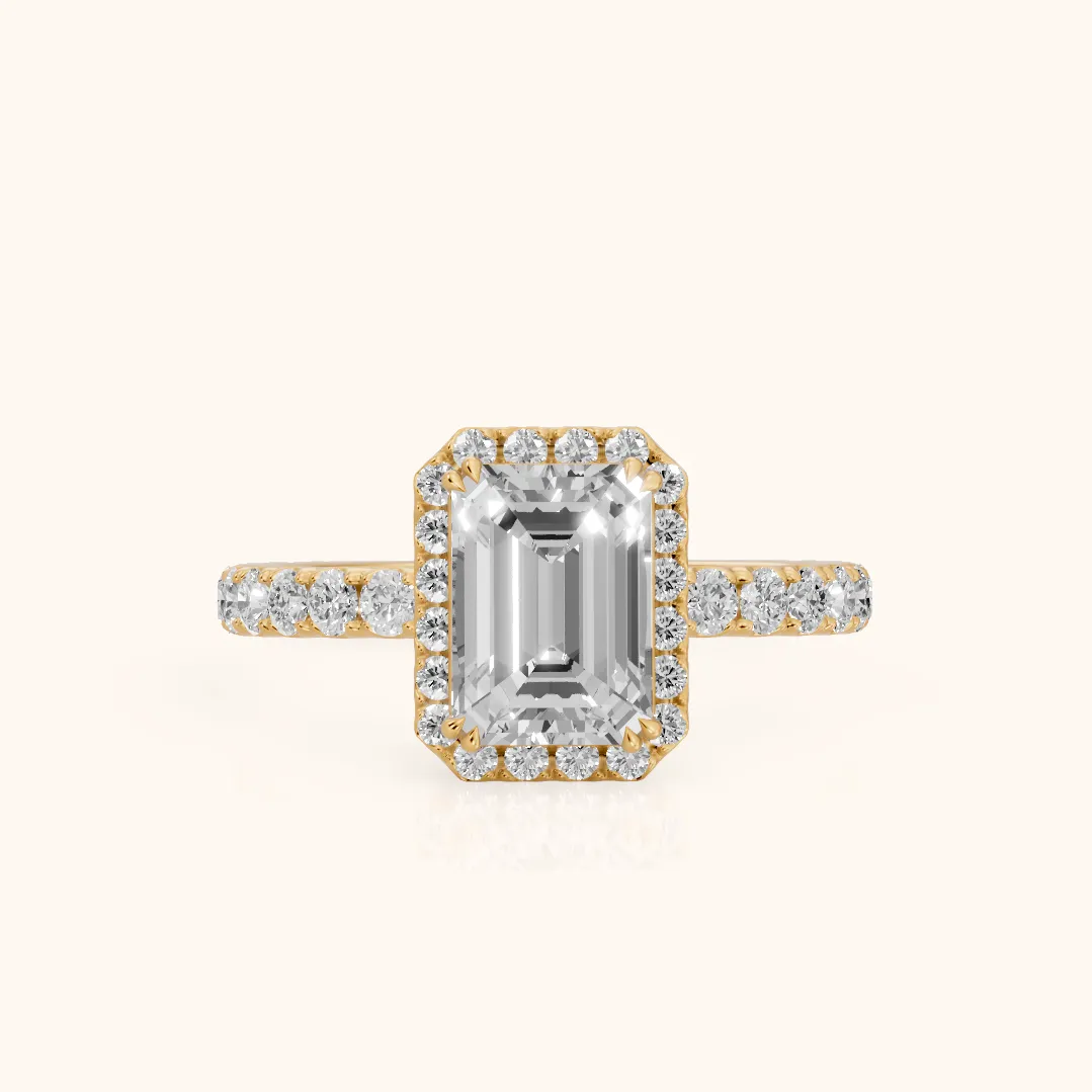 Chloe Halo Pavé Emerald Diamond Ring in Yellow Gold — view 2
